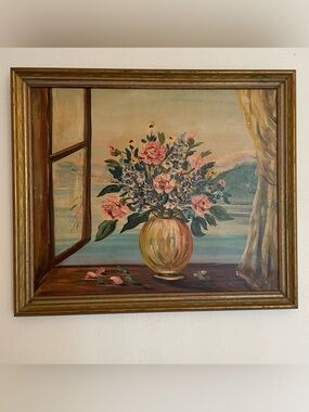 Vtg Mid Century Original Still Life Oil Painting  Florals Cottage Core 24x20